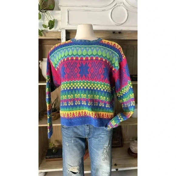 Vintage 80s Sweate Colorful Geometric Fair Isle Knit Pullover Bold Retro - Picture 1 of 4